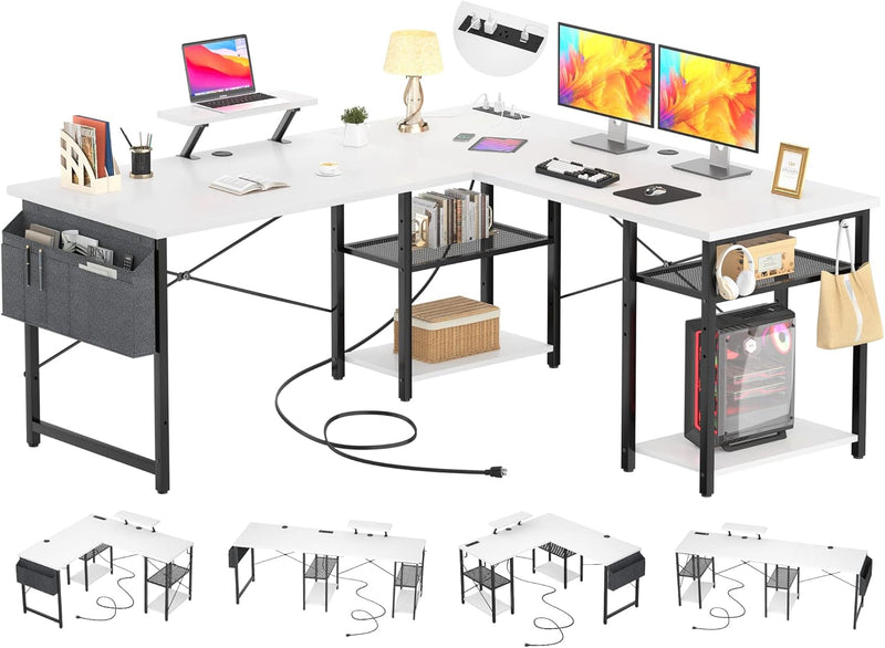 Aheaplus L Shaped Desk with Outlet and USB Charging Ports, L-Shaped Desk with Storage Shelves Reversible Corner Computer Desk 2 Person Long Table with Monitor Stand Gaming Home Office Desk, White