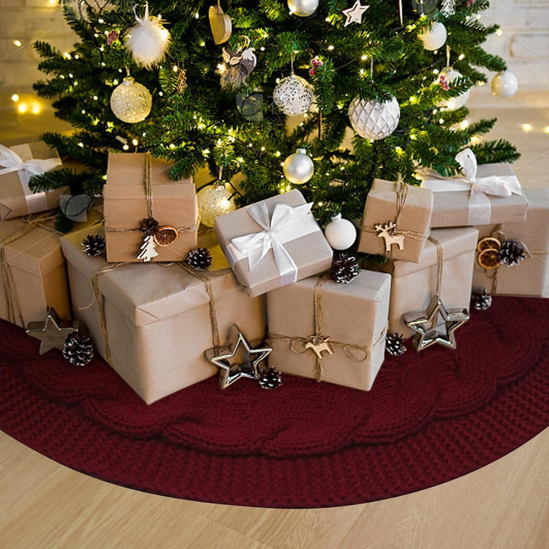 Christmas Tree Skirt, 24 Inches Wine Red Tree Skirts Luxury Cable Knit Knitted Thick Rustic Xmas Holiday Decoration,Home Decor，Dinningroom Christmas Decorations