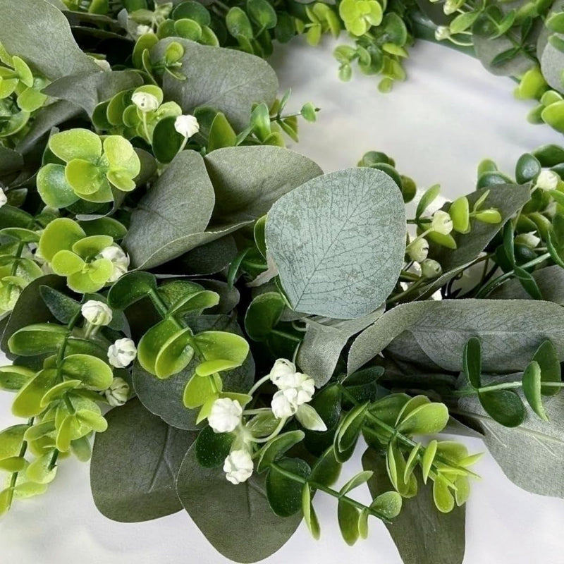 Artificial Eucalyptus Wreath for Front Door, Green Eucalyptus Leaves with White Flower Wreath Spring Summer Wreath for Wall Window Festival Thanksgiving Farmhouse Garden Home Decor