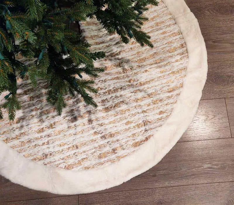 Fennco Styles Holiday Brushed Foil Print Faux Fur Christmas Tree Skirt 72 Inch - Gold Metallic Design Tree Skirt for Home, Holiday Tree, Indoor and Special Occasion