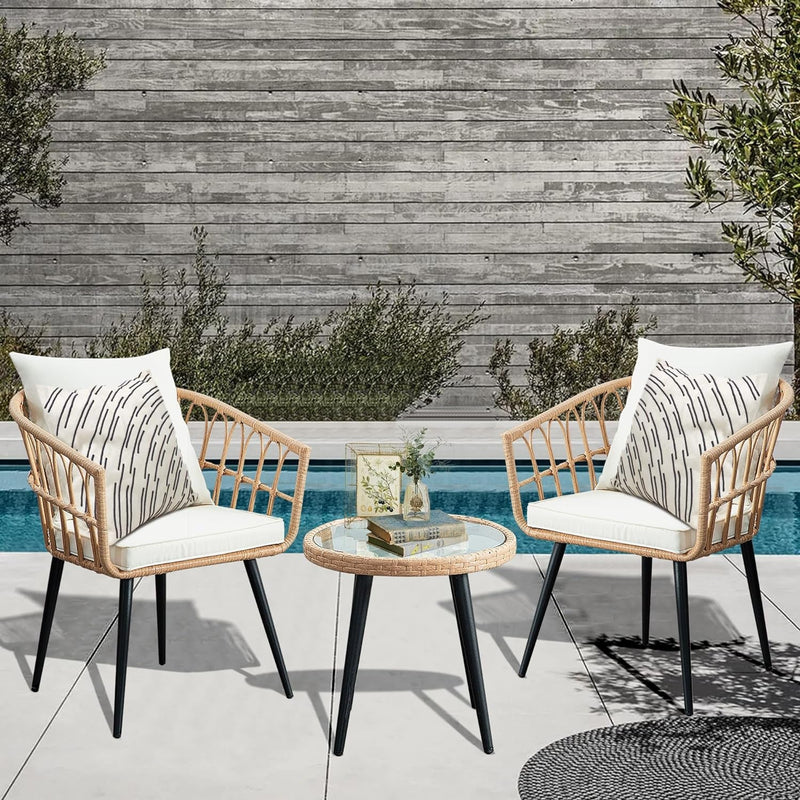 3 Piece Patio Bistro Set, Outdoor Wicker Apartment Balcony Furniture Sets, Rattan Table and Chairs Set of 2 for Porch Backyard Lawn Poolside Deck, Beige