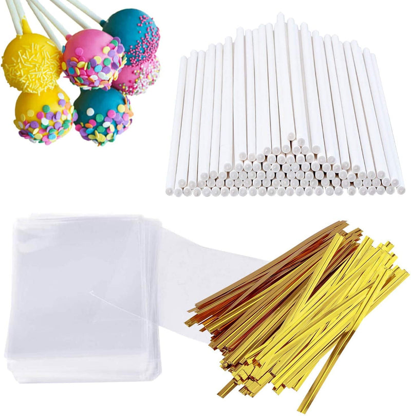 300 PCS Cake Pop Sticks and Wrappers Kit, Including 100Ct 6-Inch Paper Lollipop Sticks, 100Ct Clear Candy Treat Bags Parcel, 100Ct Gold Twist Ties for Cakepop, Lollipop, Hard Candy, Suckers, Chocolate