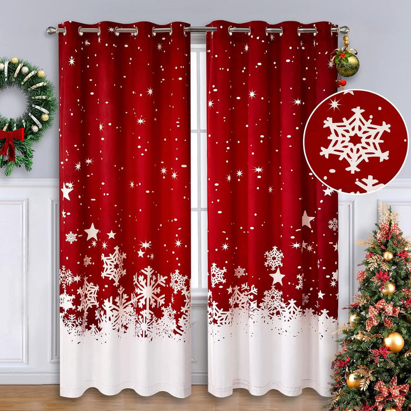 CAROMIO Christmas Curtains for Living Room 2 Panel Sets, Red Velvet Window Curtains 84 Inches Long, Floral Snowflake Decoration Curtains, Thermal Insulated Room Darkening Curtains, 52 X 84 Inches