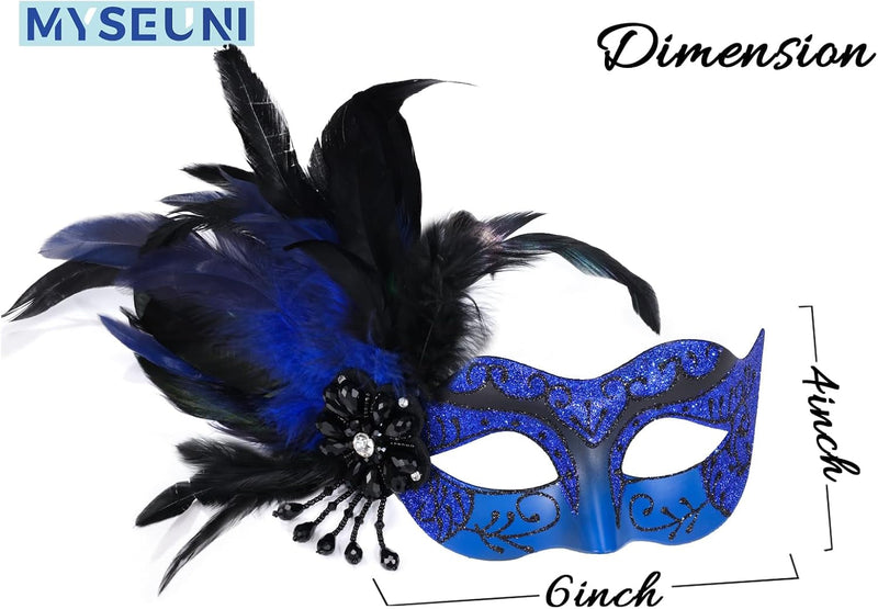 2024 New Blue and Black Masquerade Mask for Women with Feathers - Womens Mascarade Venetian Mask for Masquerade Party, Mardi Gras, Halloween Cosplay Prom, Christmas