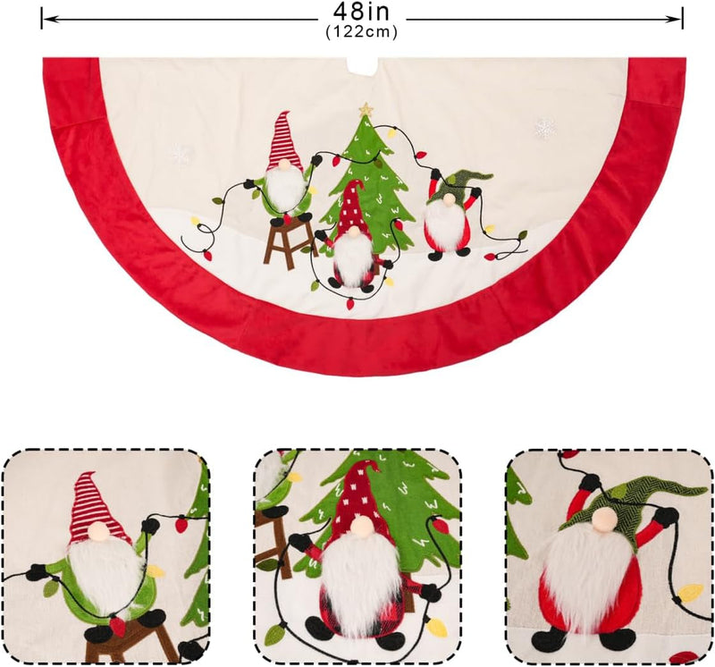 Burlap Christmas Tree Skirt, 48 Inch Soft Red Edge Tree Mat with Gnomes & String Lights Xmas Tree Skirt Christmas Holiday Decorations for Home Party Indoor