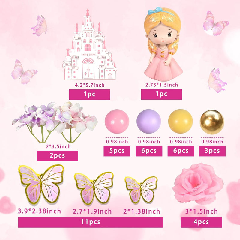 39 PCS Princess Cake Topper Castle Cake Decoration with Butterflies Artificial Flowers and Balls for Girls Kids Happy Birthday Party Decorations Princess Baby Shower Supplies (Pink and Purple)