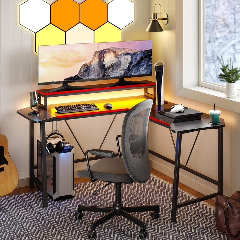 Bestier Gaming Desk with LED Lights, 57 Inch L-Shaped Computer Desk with Headphone Hook,Monitor Stand & Cup Holder for Home Office,Black and Red