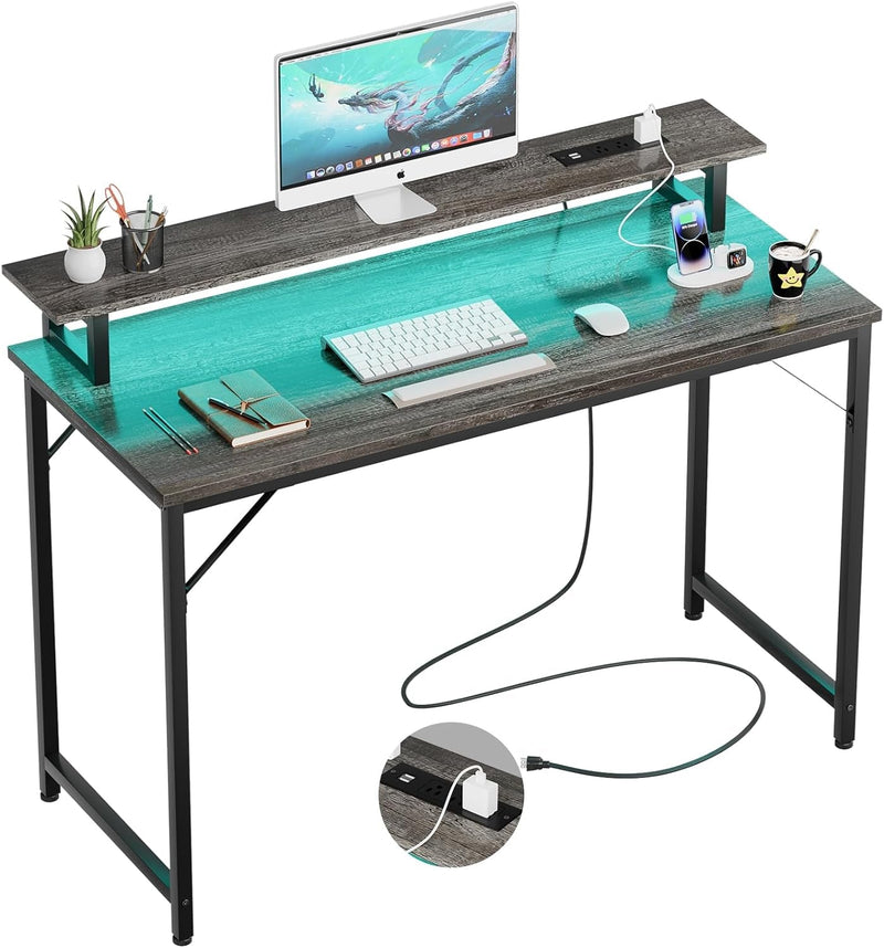 47 Inch Computer Desk with Power Outlets, Gaming Desk with LED Lights, Home Office Work Desk with Monitor Shelf, Modern Office Desk Study Writing Table for Small Spaces, Black Oak