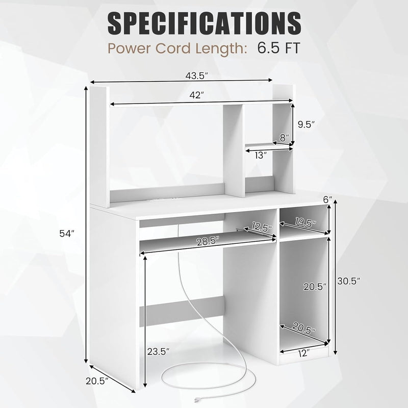 Computer Desk with Power Outlet and Hutch, Home Office Workstation with Bookshelf, Keyboard Tray & CPU Stand, Writing Study Table with Storage for Small Space, Black/White (White)