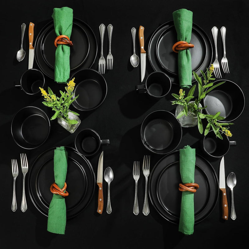 Gibson Soho Lounge Bowery 32 Piece Matte Black Stoneware Dinnerware Plates, Bowls, and Mugs Set - Service for 8