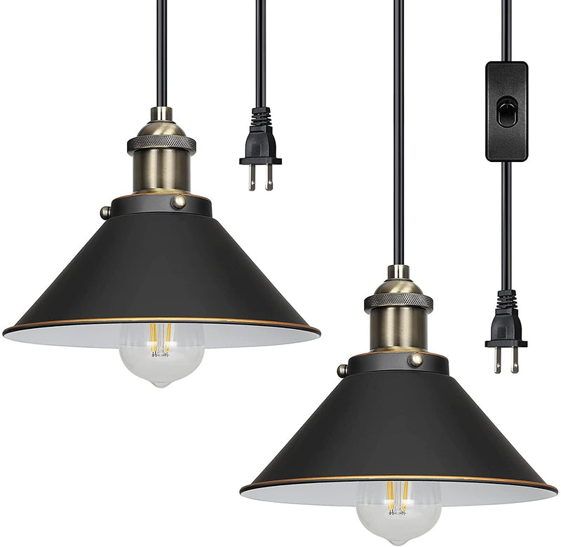 DEWENWILS 2-Pack Plug in Pendant Light, Farmhouse Hanging Lamp, Industrial Hanging Light with 15FT Cord, Black Retro Pure Copper Swag Lamp for Kitchen Sink, Living Room, Bedroom, Dinning Hall