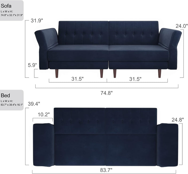 Belffin Velvet Convertible Futon Sofa Bed Memory Foam Futon Couch Sleeper Sofa Navy Blue