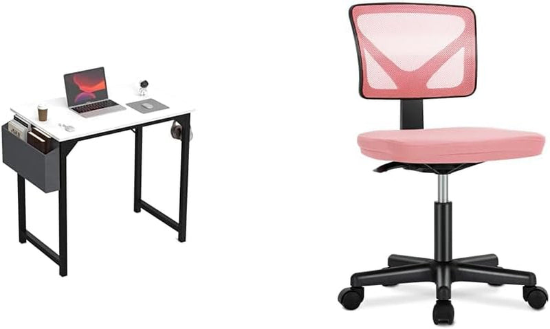 DUMOS 32 Inch Office Small Computer Desk Modern Simple Style Writing Study Work Table & Armless Desk Chairs with Wheels Cute Home Office Chair No Arms