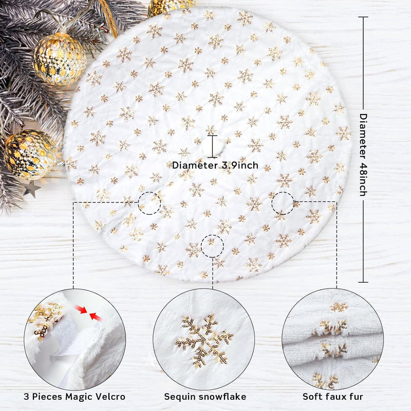 COOLWUFAN 48 Inches Christmas Tree Skirt for Xmas Tree Holiday Party Decoration White Plush Gold Sequin Snowflake (Gold)