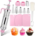 Dessert Decorating Syringe Set Frosting Piping Kit Stainless Steels Cake Decorating Tool 6 Russian Piping Icing Nozzles Cream Scraper Cupcake Frosting Filling Injector Cake Icing Tools