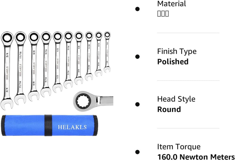 10-Piece 1/4-3/4 Inch Ratchet Wrench Set Chrome Vanadium Steel SAE Combination Box Open Ended Standard Kit Tool for Mechanic with Portable Suspended Canvas Bag