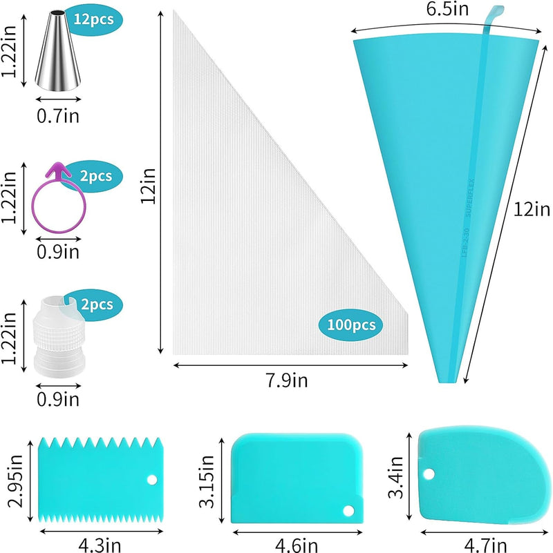ALLTOP Piping Bags and Tips Set -Ultimate Cake Decorating Supplies Kit - Included 100 Disposable Pastry Bags, 1 Reusable Silicone Bag, 2 Couplers, 12 Frosting Tips, 2 Ties, 3 Icing Scrapers for Baking