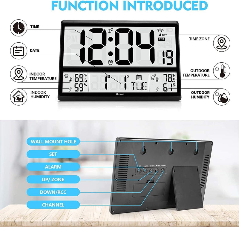 Atomic Clock Doveet-Digital Wall Clock Never Needs Setting/ Easy to Read/Easy Set Up/Indoor Outdoor Temperature-Wireless Outdoor Sensor Battery Powered(4.5" Numbers)