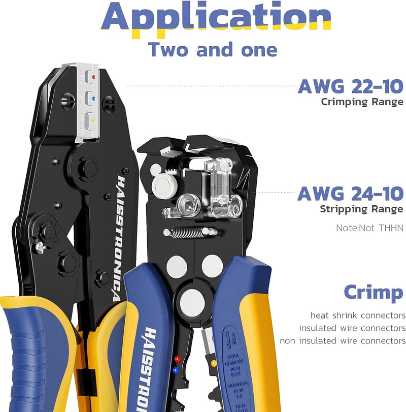 Haisstronica Wire Stripper and Crimping Tool,Awg 24-10 Automatic Stripper Tool with AWG 22-10 Ratchet Wire Crimper for Heat Shrink Connectors