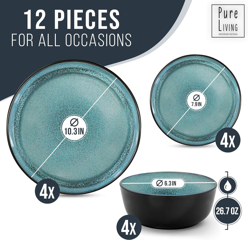 12 Piece Dinnerware Sets for 4 - Modern Style Stoneware Dinnerware Set - Scratch Resistant, Dishwasher Safe Plates and Bowls Sets Ceramic, Dish Set, Bowl and Plate Set - Black and Petrol Blue