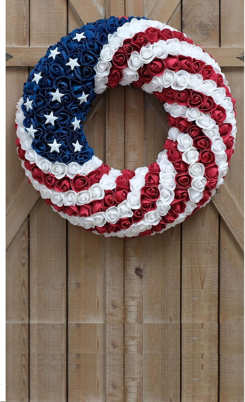 18Inch Patriotic Roses Wreath, 4Th of July Summer Soft Touch Foam Roses Wreath for the Front Door, Handcrafted Memorial Day Artificial Flowers Wreath for Indoor and Outdoor