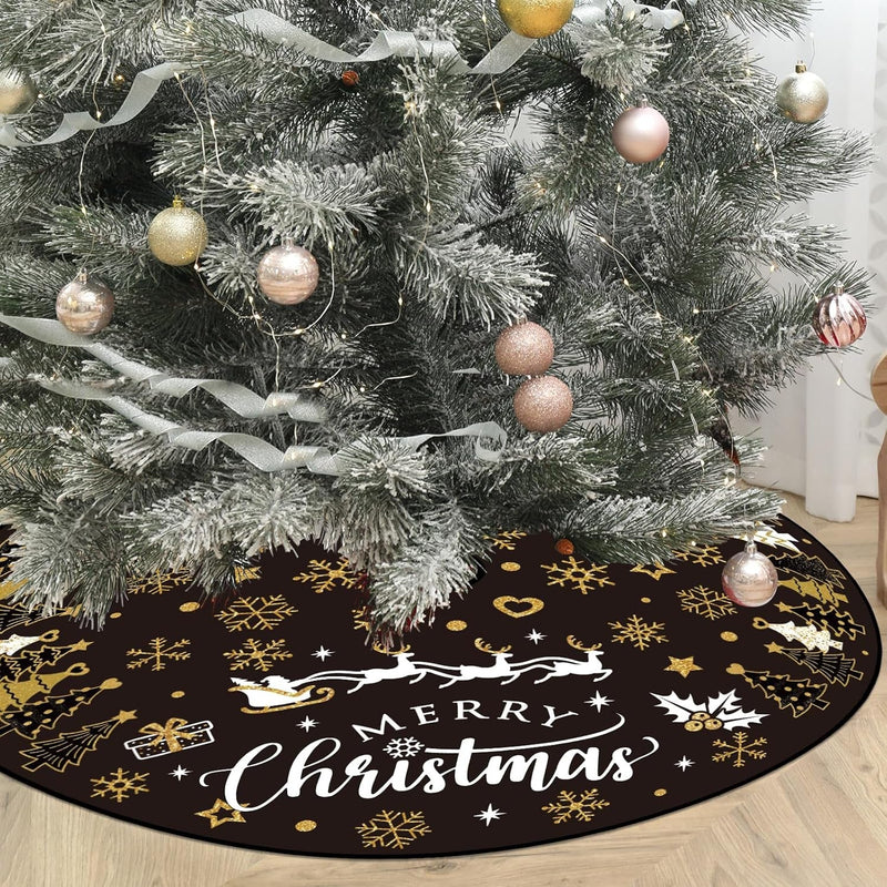 Capoda Christmas Tree Skirt 48 Inch Short Plush Xmas Tree Mat Merry Christmas Tree Collar for Winter Holiday Home Room Christmas Tree Decorations Supplies(Black Gold)