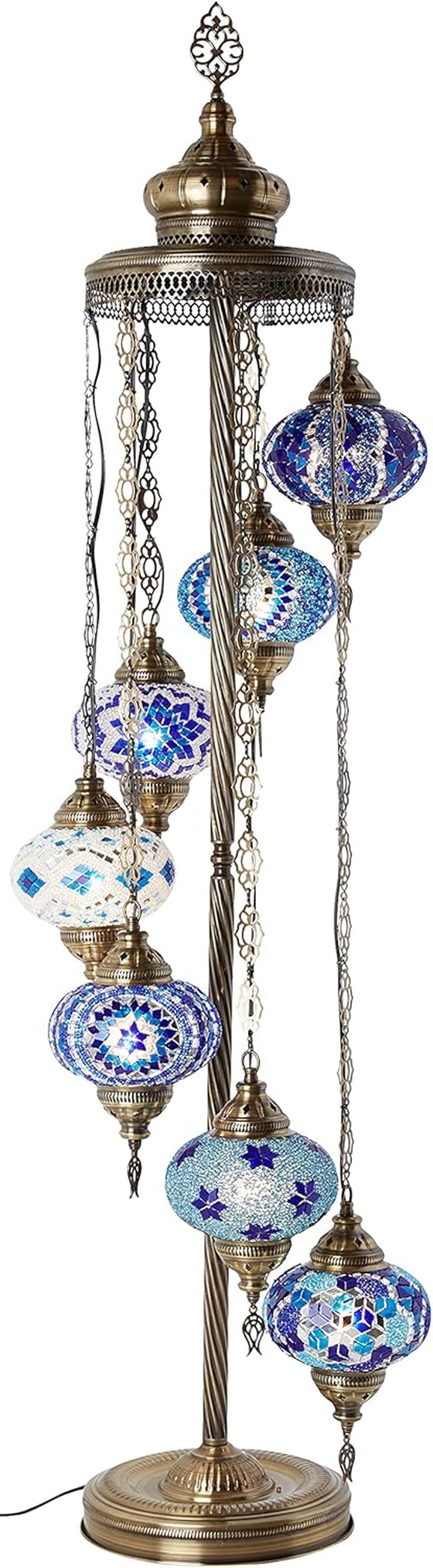 DEMMEX - 7 BIG GLOBES Turkish Moroccan Mosaic FLOOR Lamp Light, Bohemian Boho Tiffany Mosaic Floor Lamp with NORTH AMERICAN PLUG & SOCKET, 5' (Blue Mix)