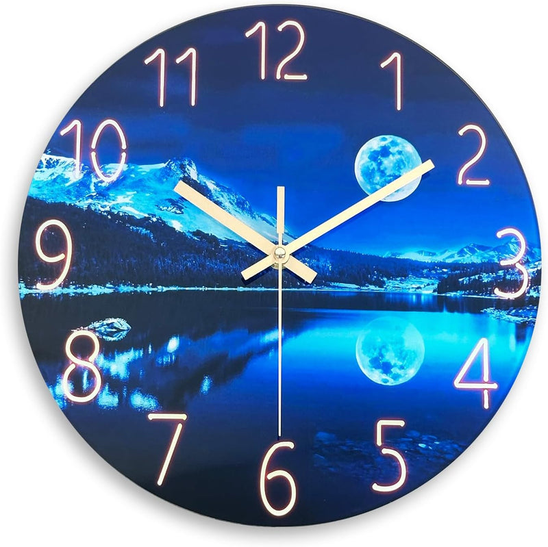 Blue Wall-Clocks for Living Room Decor - Kitchen Clocks Wall Battery Operated - 12 Inch round Glass Decorative Wall Clock Non Ticking