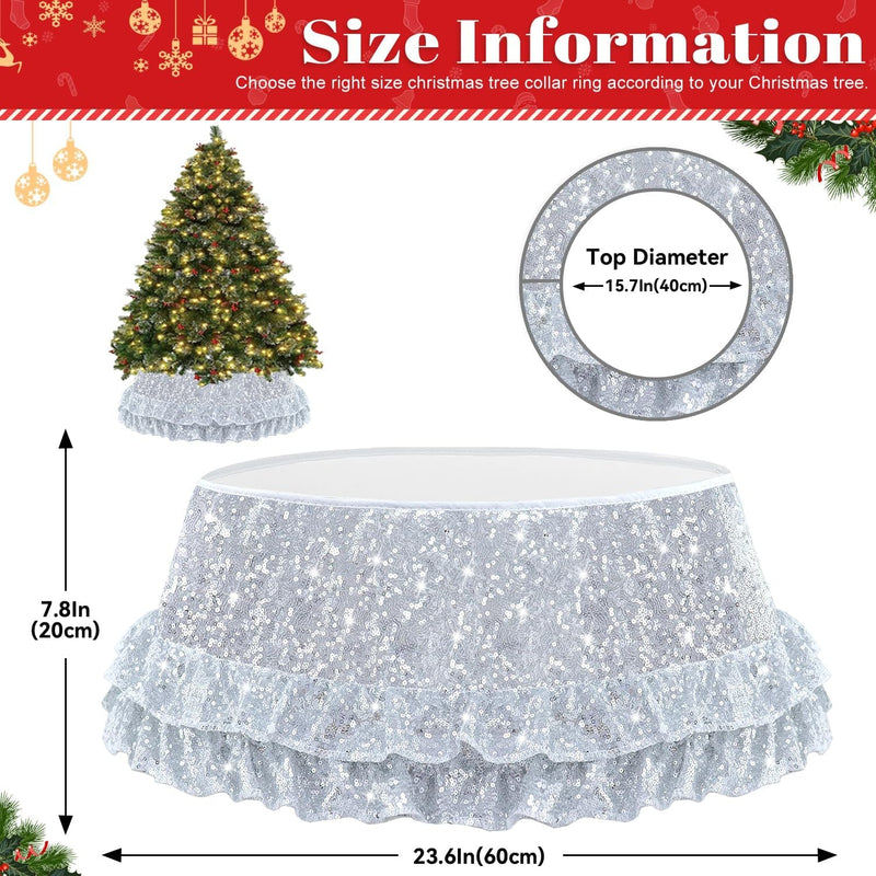 FOTSHARER Silver Christmas Tree Collar 23.6 Inch Sequin Tree Stand Collar round Xmas Tree Collar for Pencil Tree Ruffle Christmas Tree Stand Cover Sparkle Tree Rings for Merry Christmas Decorations