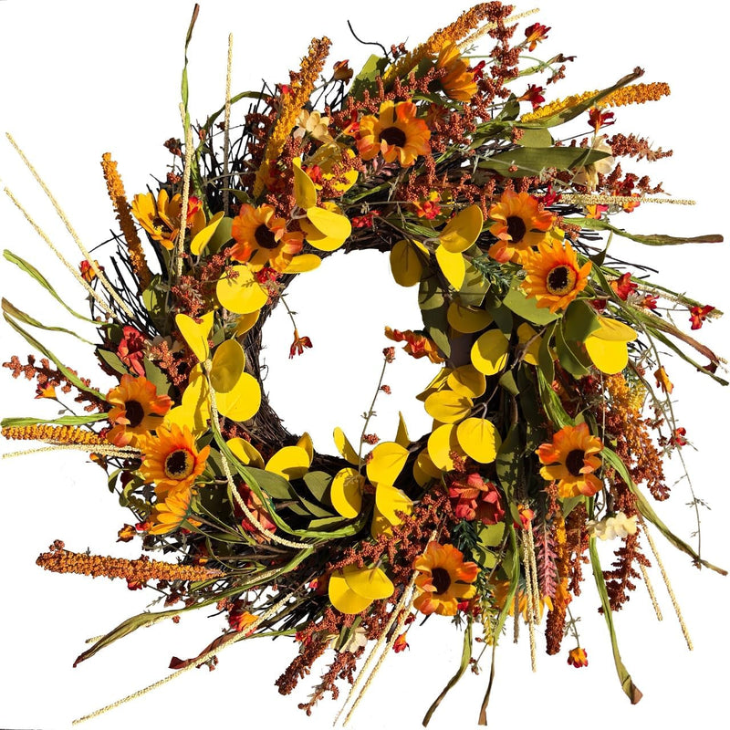 20Inch Fall Wreaths for Front Door, Sunflower Autumn Wreath for Front Door Farmhouse Indoor Outdoor(Small Sunflower, 20 Inch)