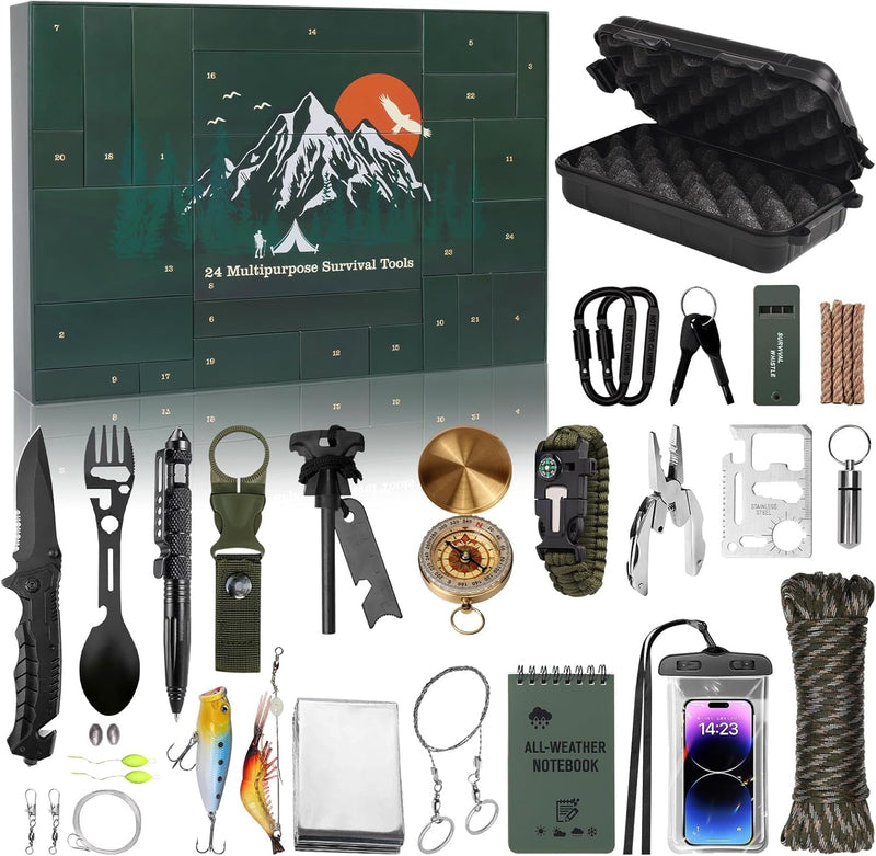 Advent Calendar Survival Kits for Men - 24 Days Christmas Countdown Calendar Emergency Survival Gears Gift for Teen Adult, 2024 Xmas Cool Gadgets for Outdoor Camping Fishing Hunting Adventure