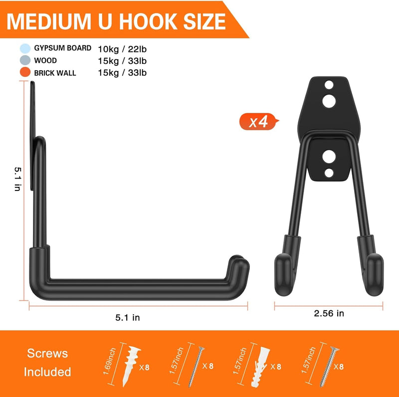 4 Pack Garage Hooks Heavy Duty,Utility Steel Garage Storage Hooks,Wall Mount Garage Hanger&Organizer for Organizing Garden Lawn Tools,Ladders,Bulk Items,Bikes,Ropes and More Equipment