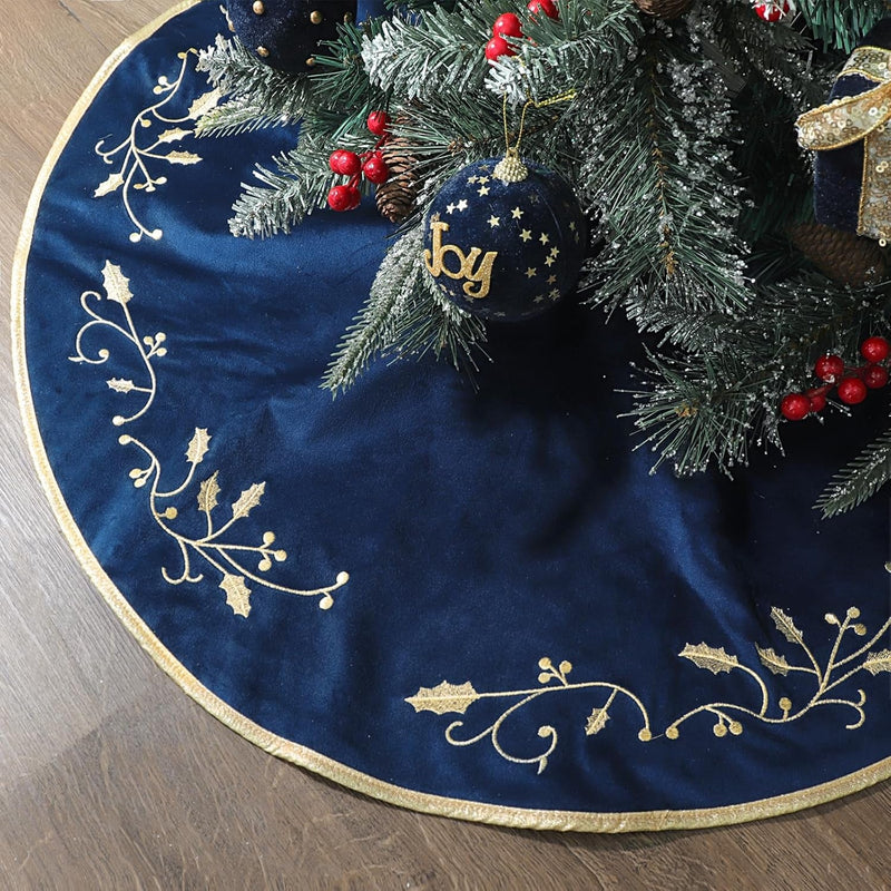 Christmas Tree Skirt, 36 Inches Large Velvet Fur Plush Blue Tree Skirt, Xmas Tree Skirts with Gold Embroidered Holly Leaf for Merry Christmas Party Christmas Tree Decorations