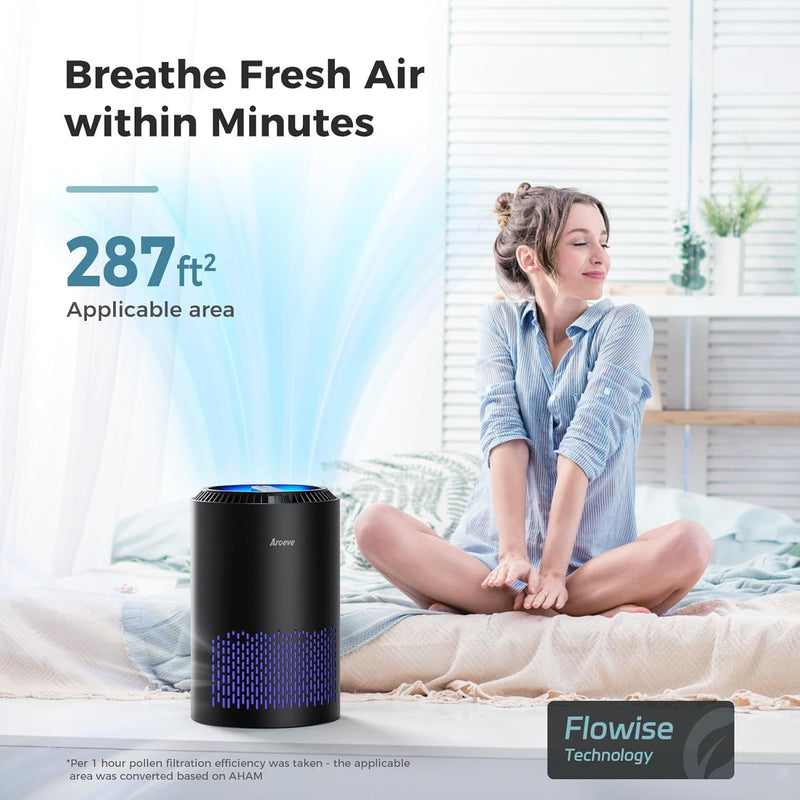 AROEVE Air Purifiers for Home, Air Purifier Air Cleaner for Smoke Pollen Dander Hair Smell Portable Air Purifier with Sleep Mode Speed Control for Bedroom Office Living Room, MK01- Black