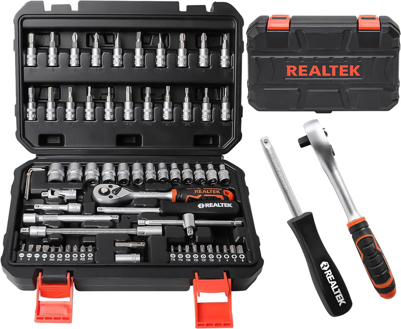 66 Pieces 1/4 Inch Drive Socket Set, Ratchet Set with 72 Tooth Reversible Ratchet & Bit Socket Set, Professional Tool Set for Auto Repairing and Household