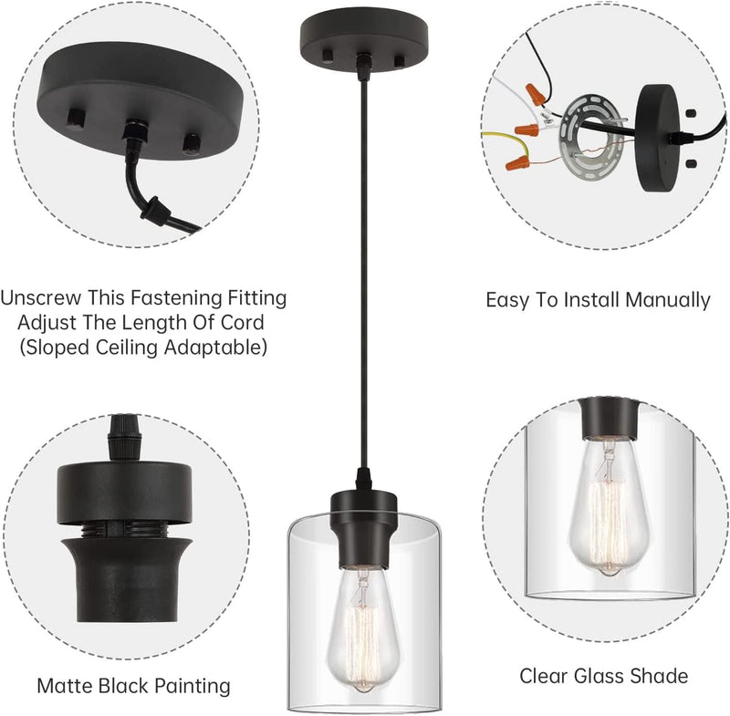 2-Pack Industrial Pendant Lights, Glass Pendant Lamp Shade, Modern Indoor Hanging Light Fixtures,Modern Black Farmhouse Clear Glass Cylinder Pendant Light Fixture, Bulb Not Included