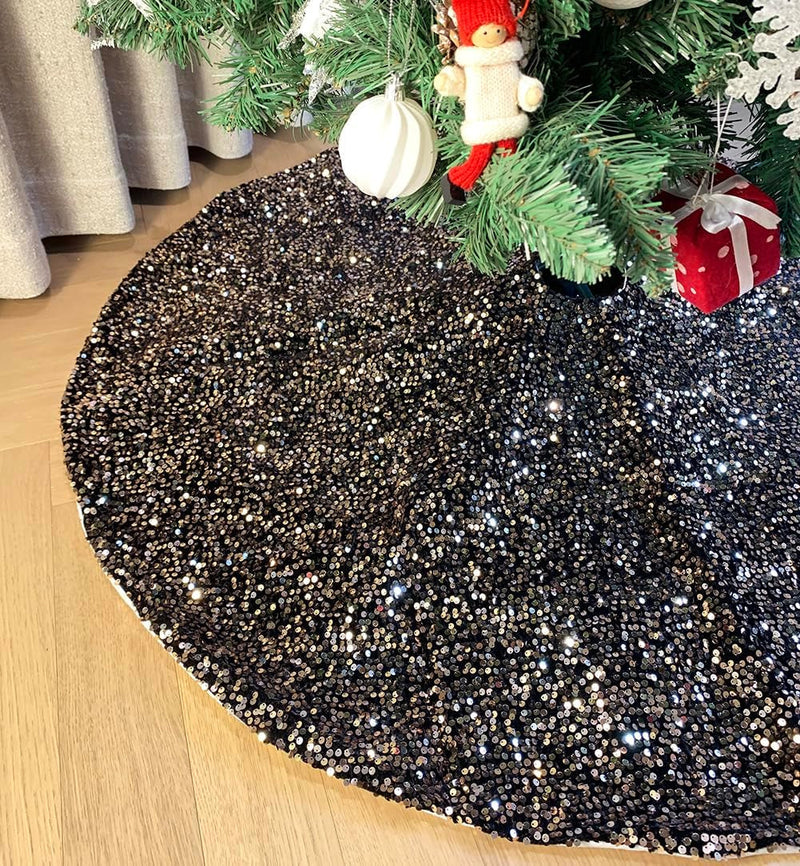 AOGU 48 Inch Champagne Sequin Christmas Tree Skirt for Merry Christmas Party Christmas Tree Decoration (Black Champagne)