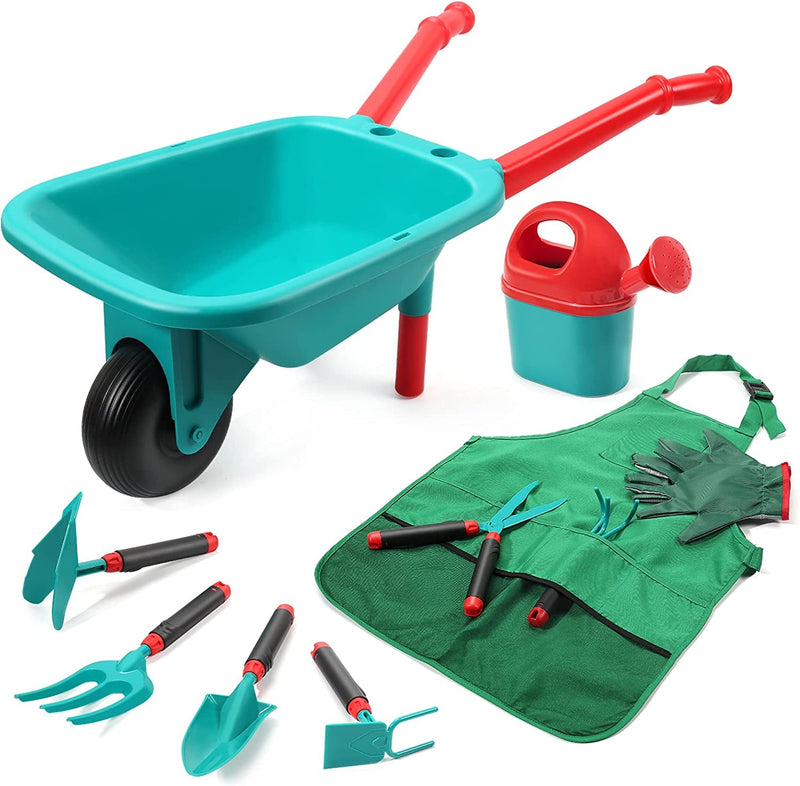 CUTE STONE Kids Gardening Tool Set, Garden Toys with Wheelbarrow, Watering Can, Gardening Gloves, Hand Rake, Shovel, Trowel, Double Hoe, Apron with Pockets, Outdoor Indoor Toys Gift for Boys Girls