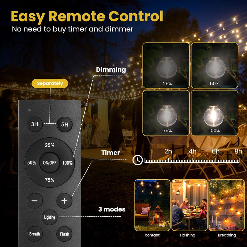 50FT Solar String Lights Outdoor Waterproof with Remote, G40 Solar Powered String Lights with 15+1 LED Shatterproof Bulbs, Dimmable Solar Patio Hanging Lights for outside Backyard Party