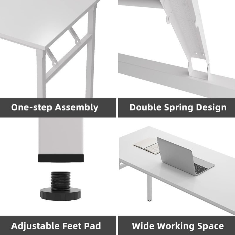 Dlandhome L-Shaped Folding Computer Desk 55Inches and 55Inches Left and Right Adjustable Half-Installed Home Office Workstation Corner Table,White +White