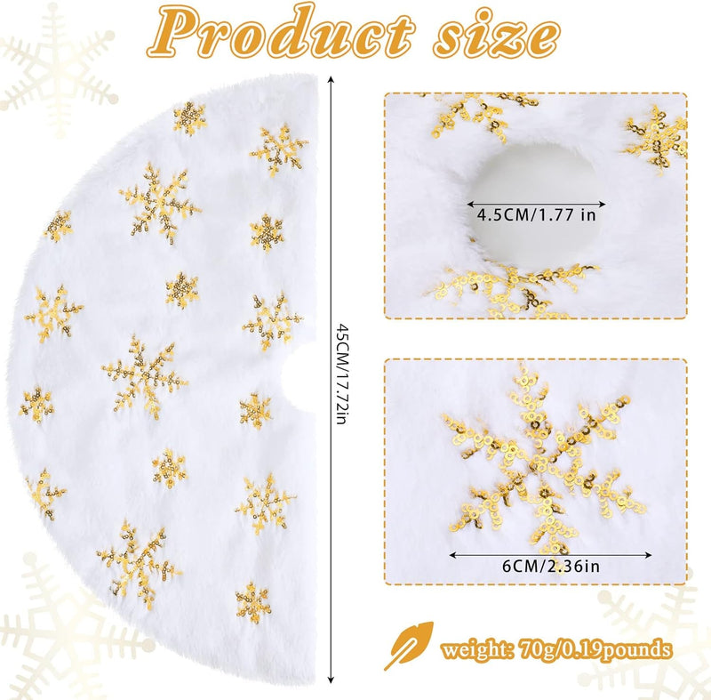 18 Inches Mini Christmas Tree Skirt Christmas Tree Mat Faux Fur Gold Snowflake Sequin Embroidered Luxury Tree Skirt for Xmas Holiday Party Home Decorations Ornaments (White, Snowflake)