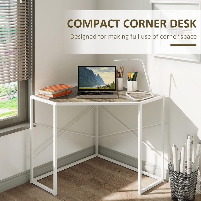 HOMCOM Corner Desk for Small Spaces, Small Computer Desk with Metal Frame, Space Saving Home Office Desk Workstation, White