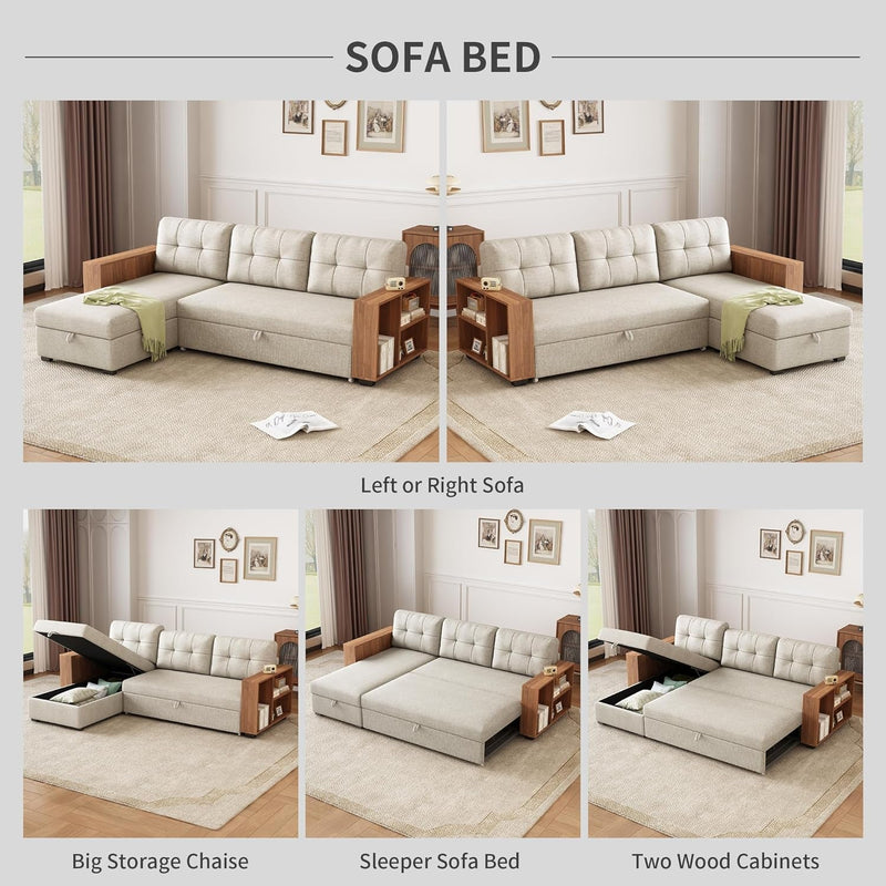 Ball & Cast 84" Sectional Sleeper Sofa Chaise,L Shaped Pull Out Couch Bed,Wooden Storage Handrail,For Apartments, Living Room and Office, Beige
