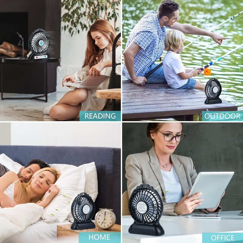 Desk Fan Rechargeable, Mini Portable Fan,3 Speeds Desktop Table Cooling Fan, LED Light, Quiet Personal Fan for Home, Office, Camping, Outdoor, Travel, Indoor