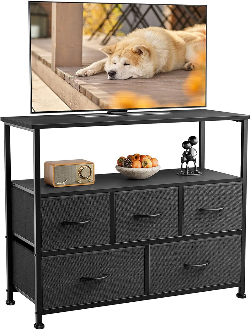 ANTONIA TV Stand Dresser for Bedroom with 5 Fabric Drawer, Entertainment Center for 45 Inch Television, Media Console Table with Storage, Open Shelf, Adjustable Feet, Living Room Furniture, Brown