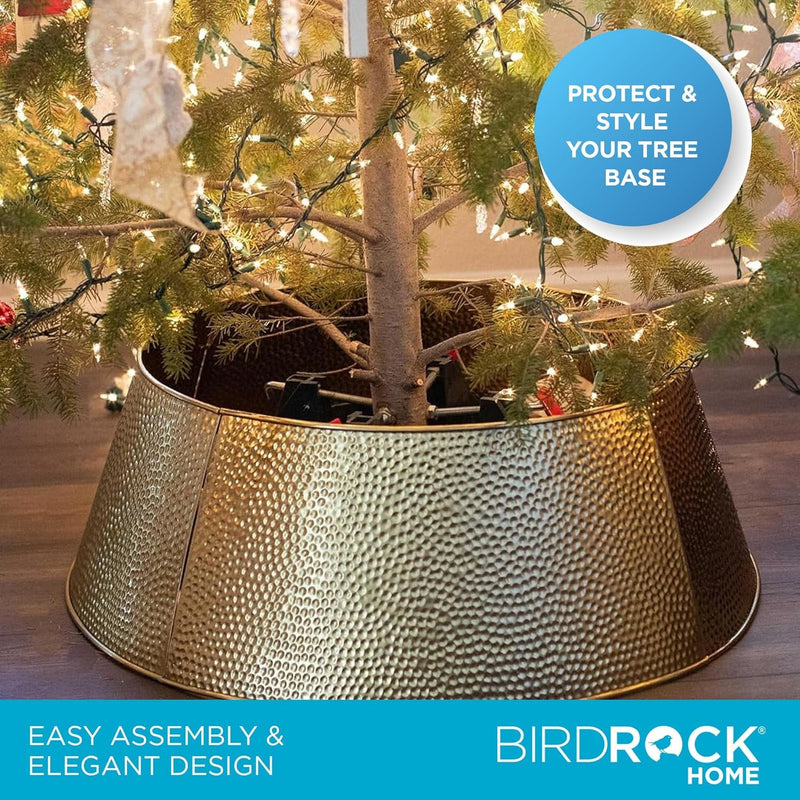 BIRDROCK HOME 4-Panel Hammered Metal Christmas Tree Collar - Stylish Holiday Tree Skirt Alternative - Durable Iron Construction Base Cover - Protects Tree Base from Pets - Easy Assembly - Gold