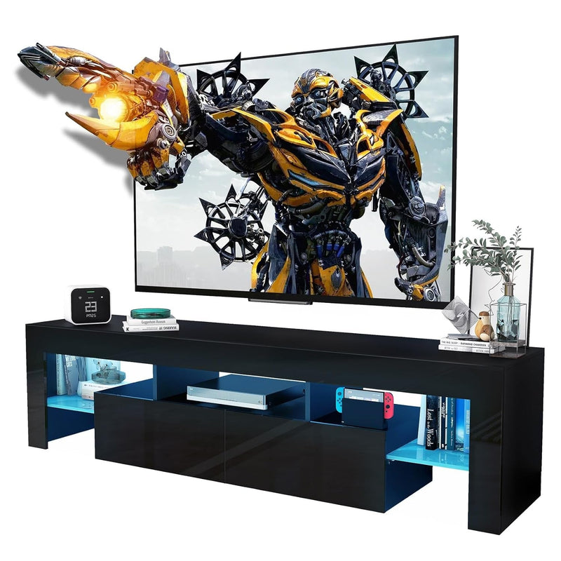 Black TV Stand, 60 65 70 75 Inch Wood TV Stand, High Glossy Entertainment Center with Large Drawers＆Glass Display Shelf, LED Modern Media Gaming Cabinet TV Console for Livingroom, Bedroom