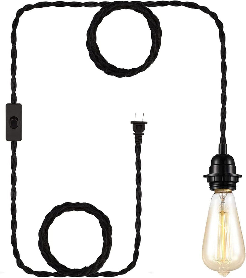 DIY 15Ft Plug in Black Pendant Light Cord - Industrial Vintage Ceiling Hanging Light Kit with Twisted Hemp Rope Switch Fabric Lamp Cord E26 Socket Set Edison Lighting Fixture Cable Farmhouse Kitchen