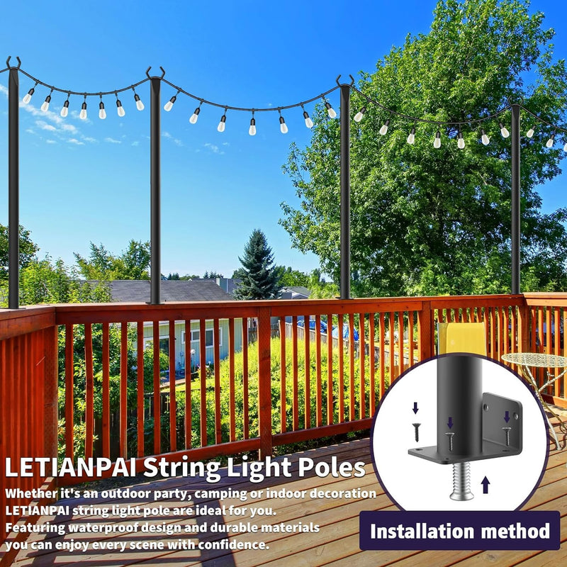 2 Pack 5 Ft String Light Poles, String Light Poles for outside with Fixing Clips,Metal Poles for Outdoor String Lights, Hanging Light Poles for Deck Fence Garden Backyard Wall Bistro