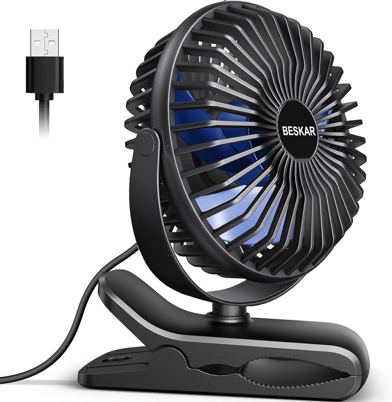 BESKAR Clip on Fan, 360° Rotation Quiet Stroller Fan with Strong Airflow,3 Speeds, Portable Small Fan with Sturdy Clamp,Perfect Personal Cooling Fan for Office Table Bedroom Kitchen